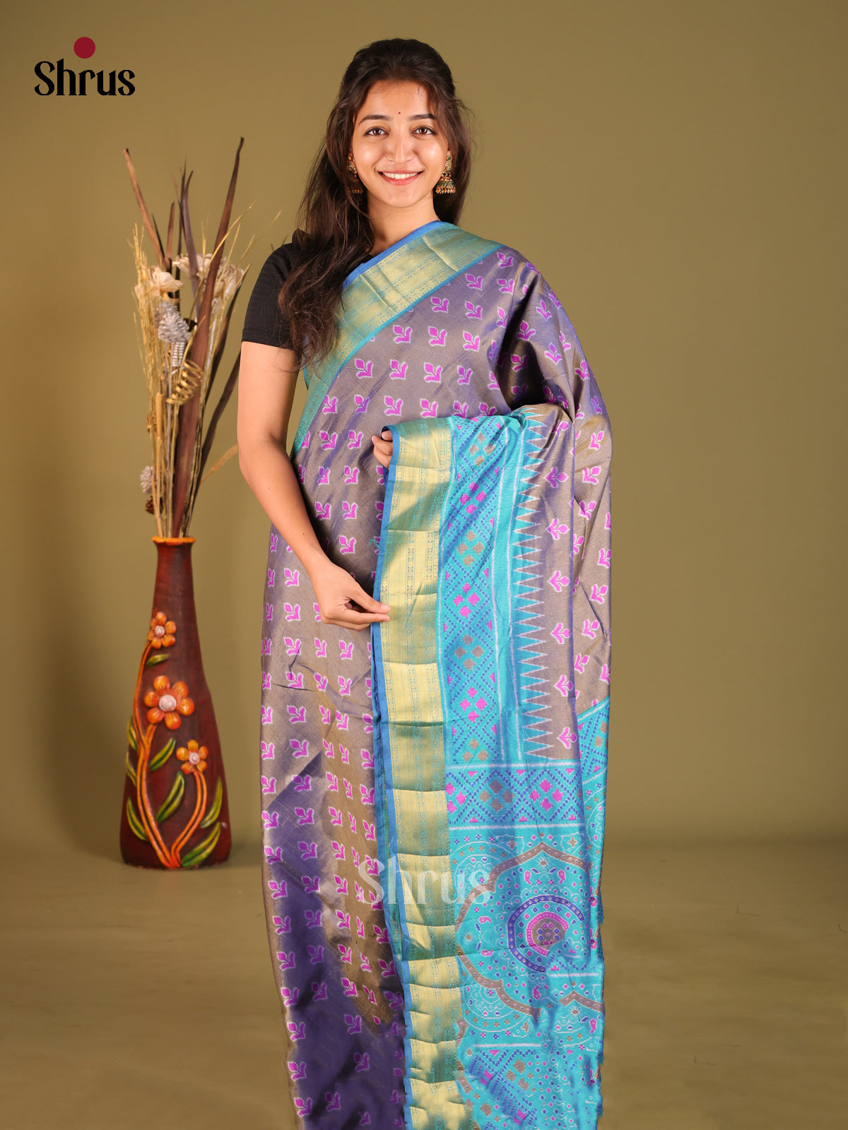 Grey & Blue- Semi Patola Saree - Shop on Shrus.com