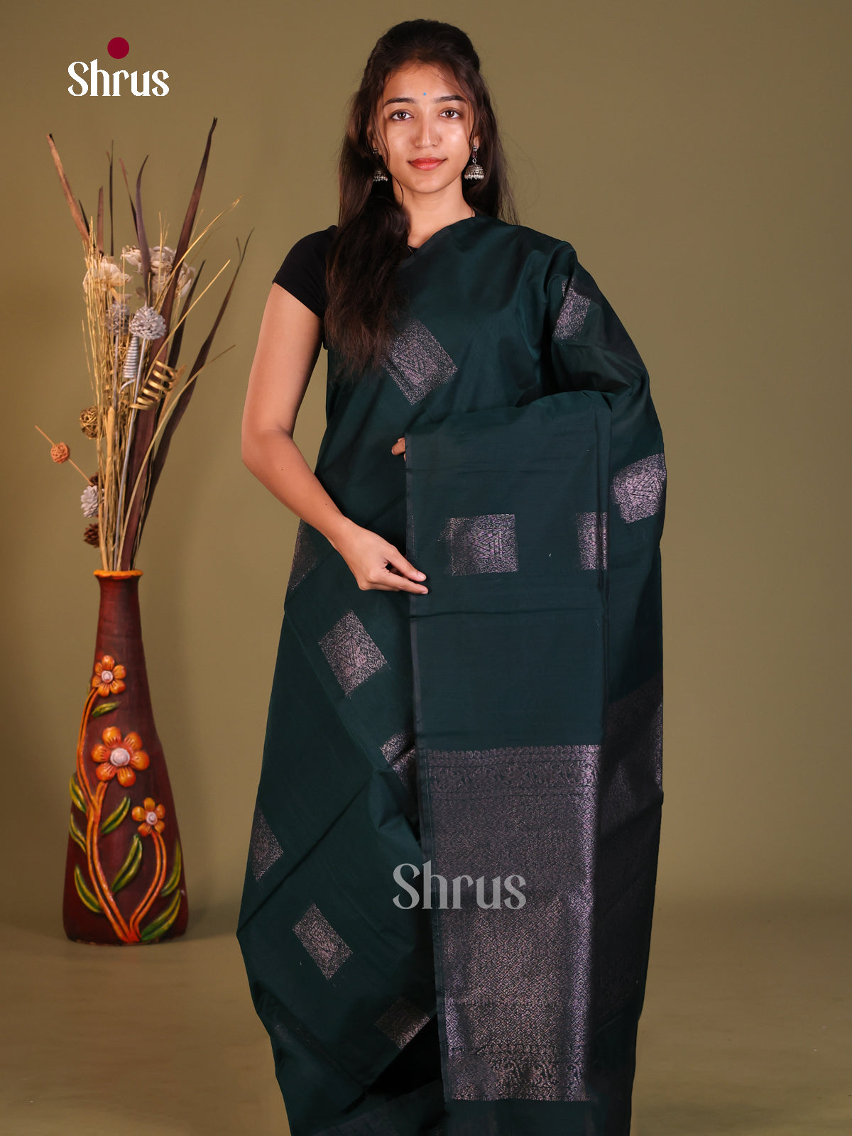 Green- Semi Silkcotton Saree - Shop on Shrus.com