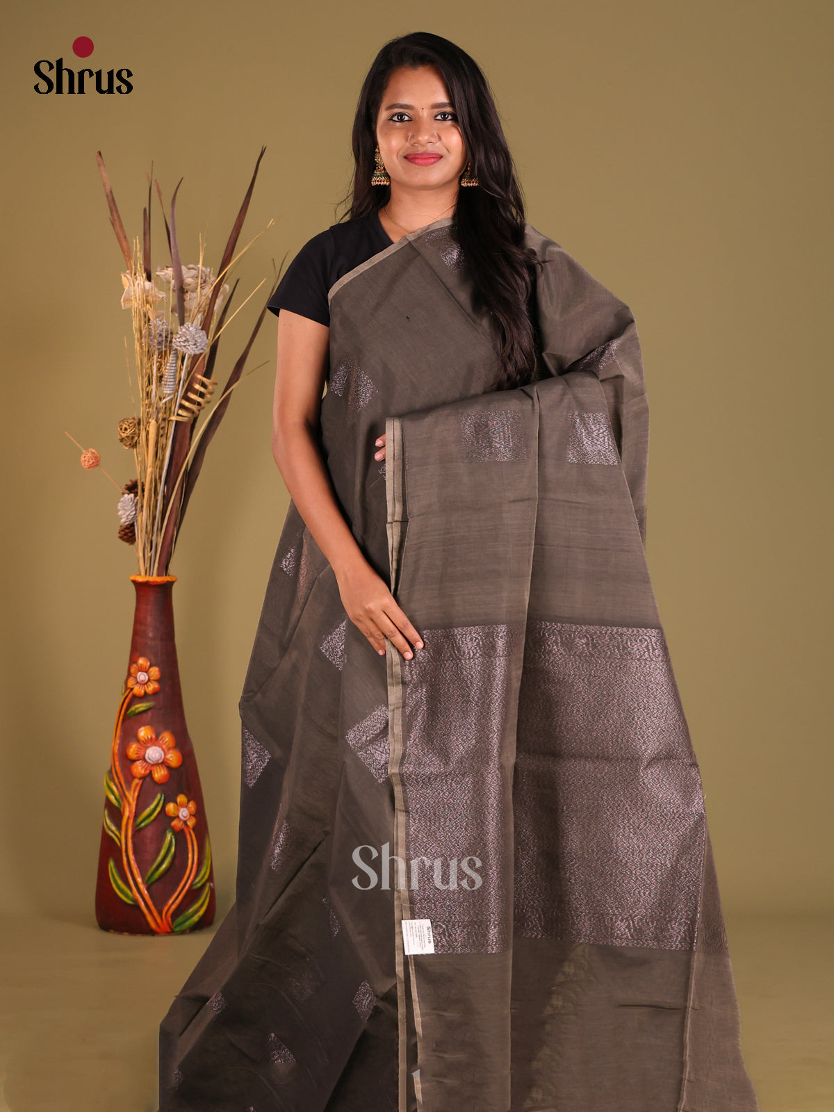 Grey - Semi Silkcotton Saree - Shop on Shrus.com