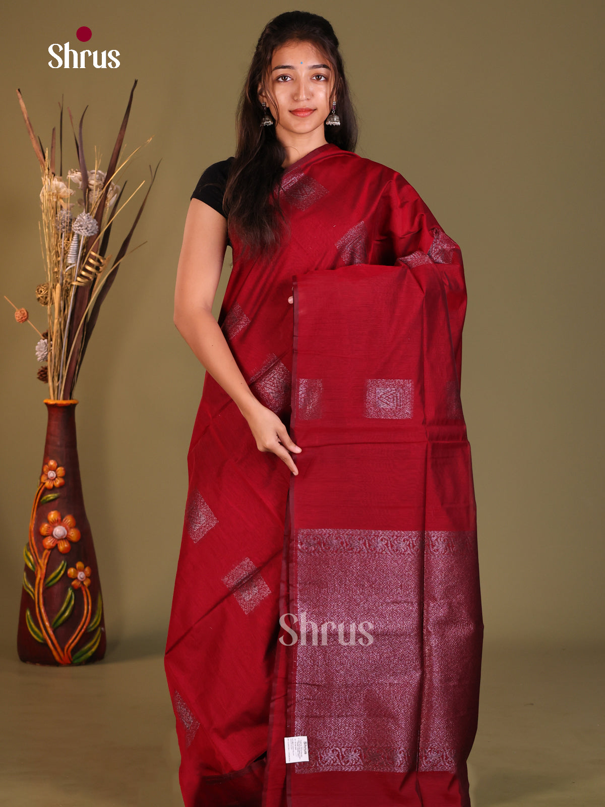 Red - Semi Silkcotton Saree - Shop on Shrus.com