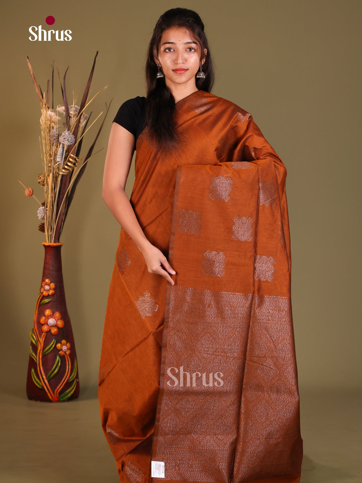 Rust - Semi Silkcotton Saree - Shop on Shrus.com
