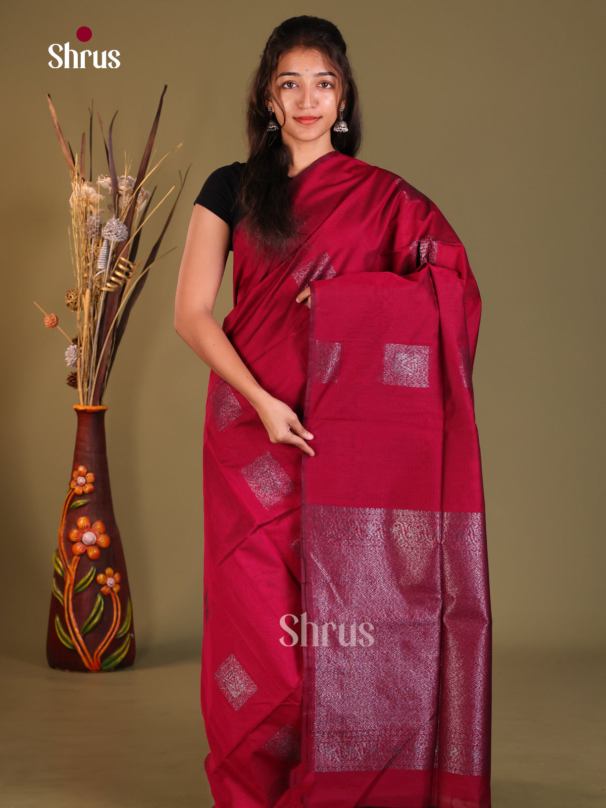 Maroon - Semi Silkcotton Saree - Shop on Shrus.com