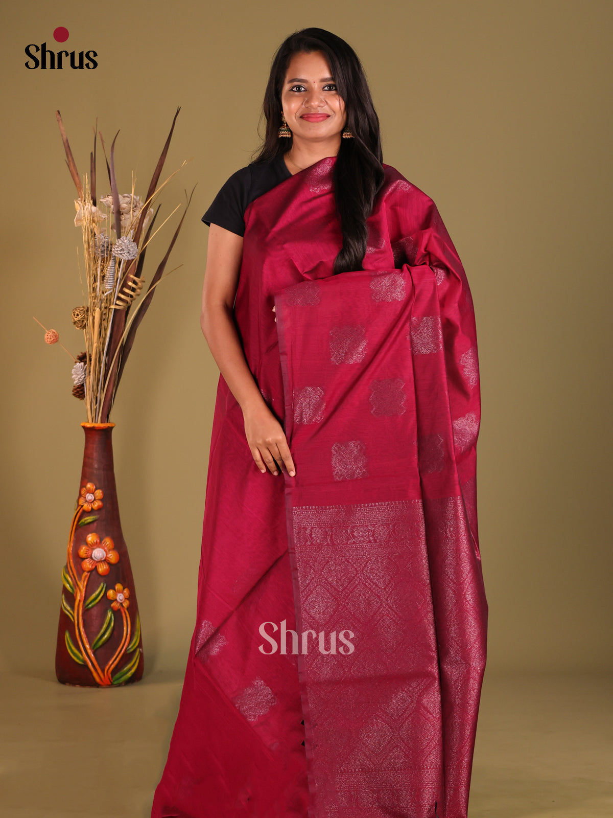Maroon - Semi Silkcotton Saree - Shop on Shrus.com