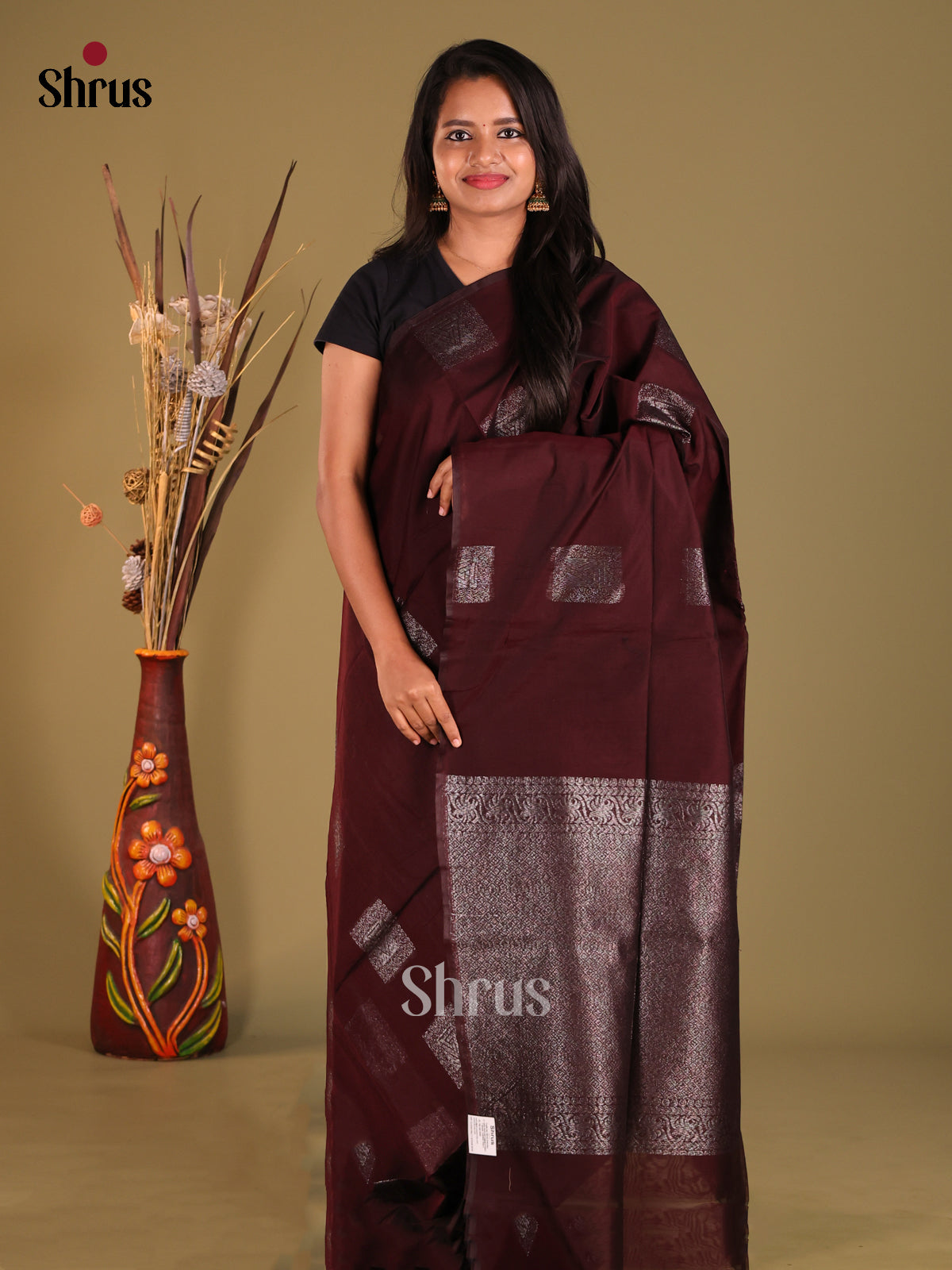 Maroon - Semi Silkcotton Saree - Shop on Shrus.com