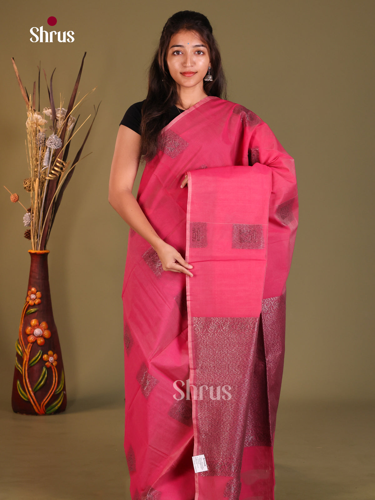Reddish Pink - Semi Silkcotton Saree - Shop on Shrus.com
