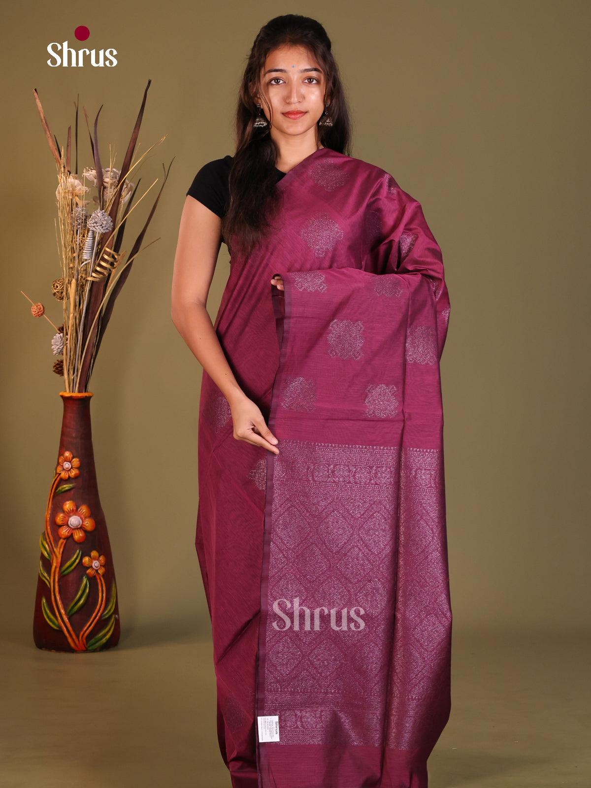 Maroon - Semi Silkcotton Saree - Shop on Shrus.com
