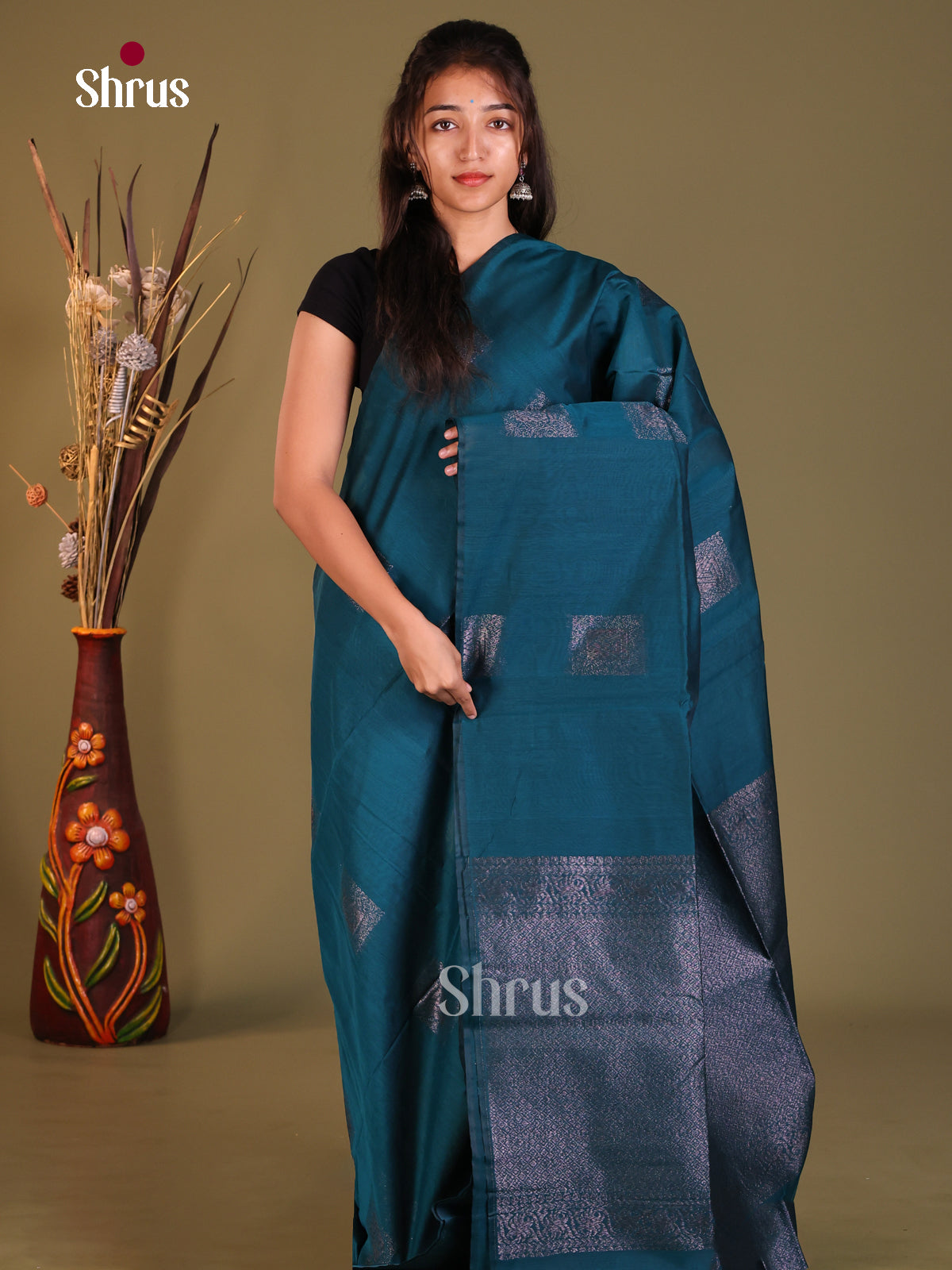 Peacock Blue - Semi Silkcotton Saree - Shop on Shrus.com