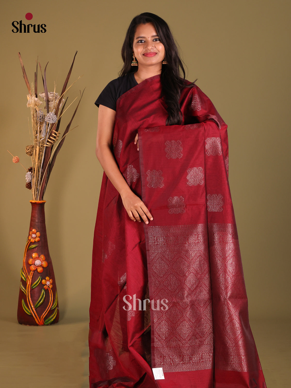 Maroon - Semi Silkcotton Saree - Shop on Shrus.com