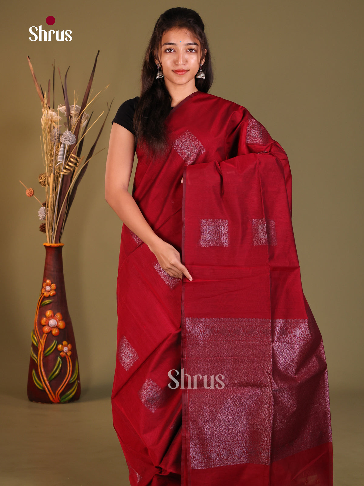 Maroon - Semi Silkcotton Saree - Shop on Shrus.com