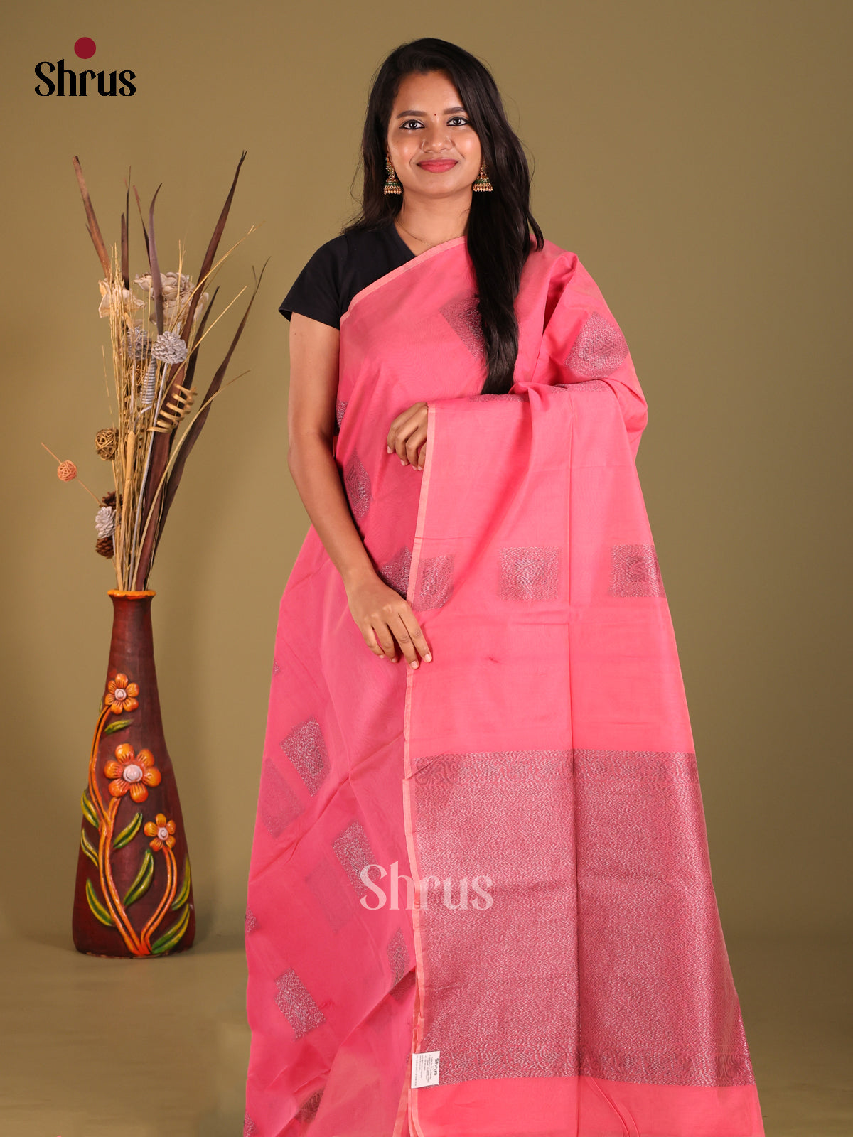 Pink - Semi Silkcotton Saree - Shop on Shrus.com