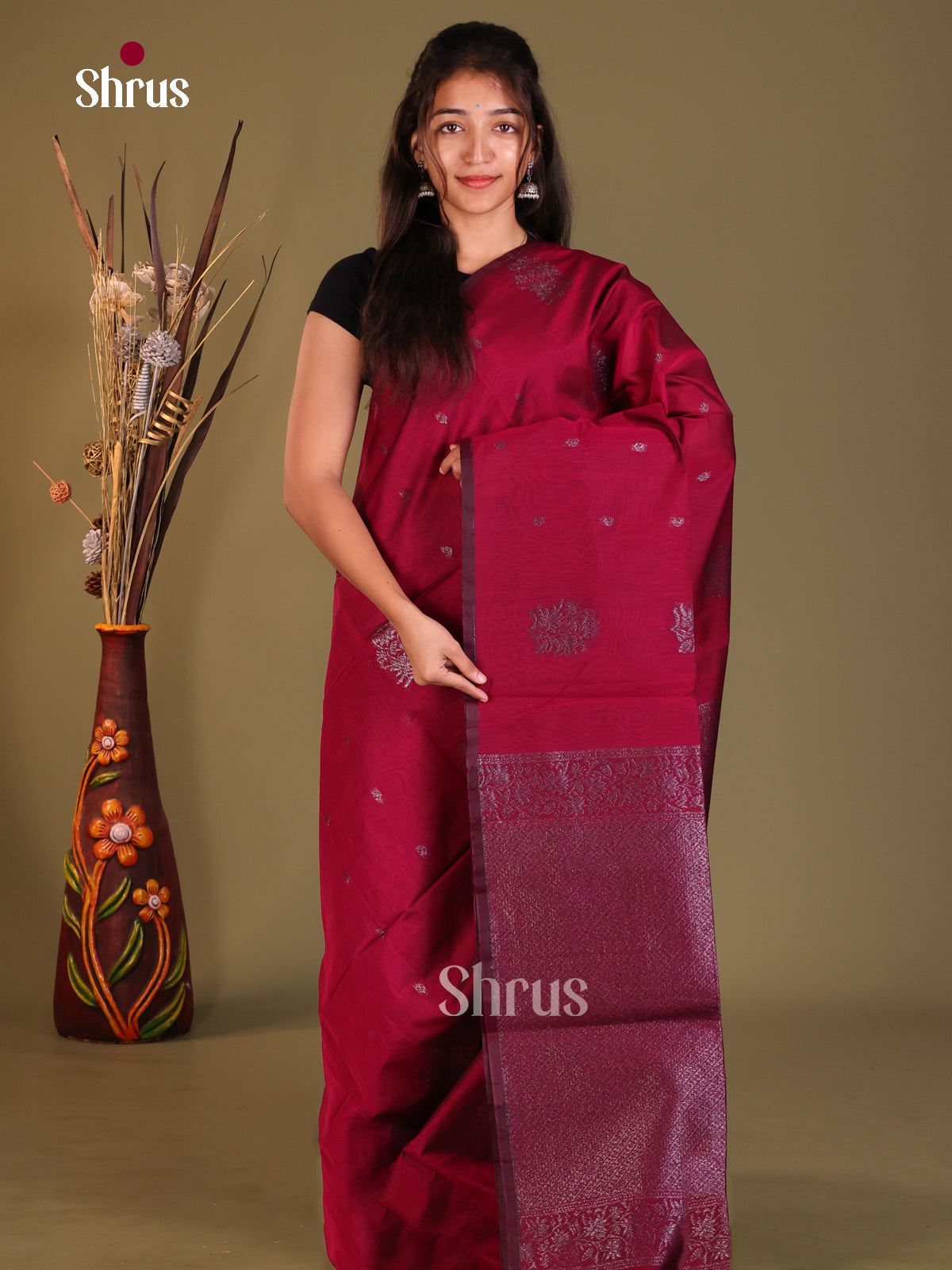 Maroon - Semi Silkcotton Saree - Shop on Shrus.com