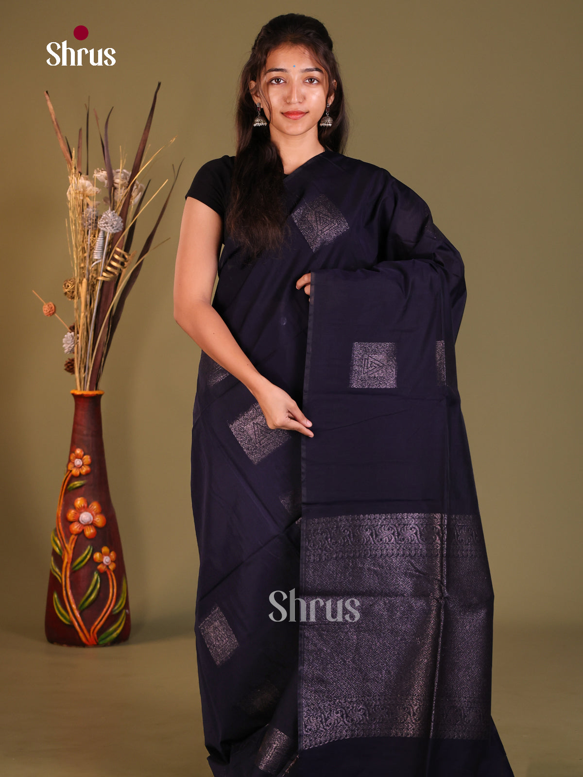 navy Blue- Semi Silkcotton Saree - Shop on Shrus.com