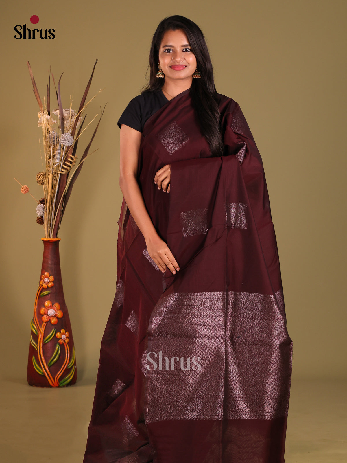Maroon- Semi Silkcotton Saree - Shop on Shrus.com