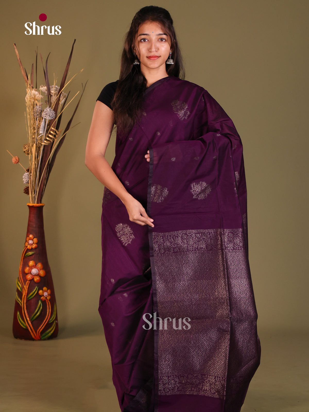 Purple - Semi Silkcotton Saree - Shop on Shrus.com