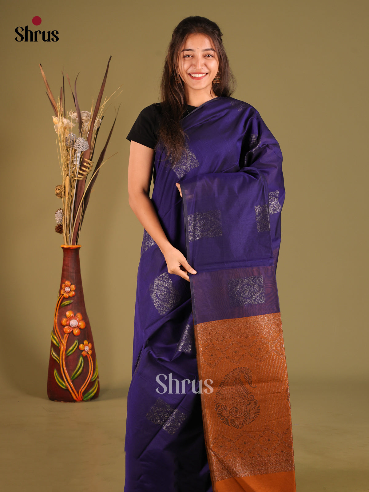 Blue & brown- Semi Silkcotton Saree