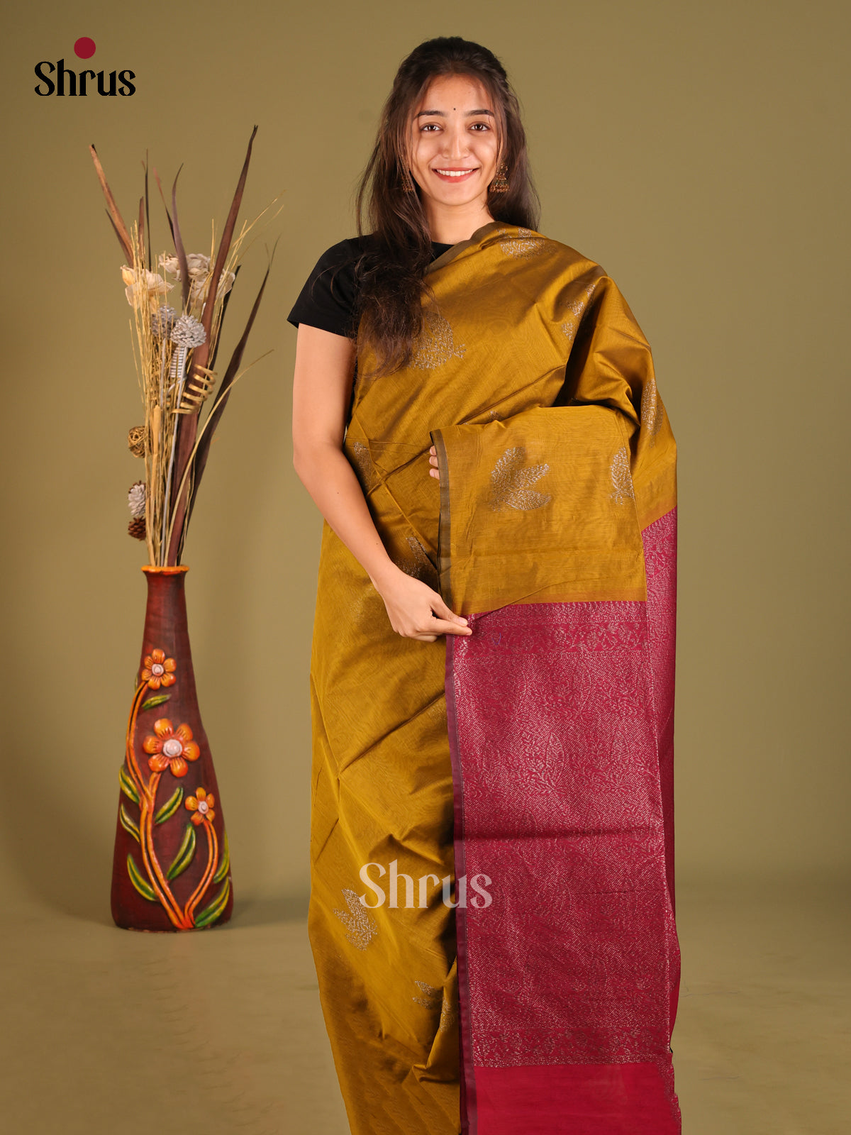 Mustard & Maroon - Semi Silkcotton Saree - Shop on Shrus.com