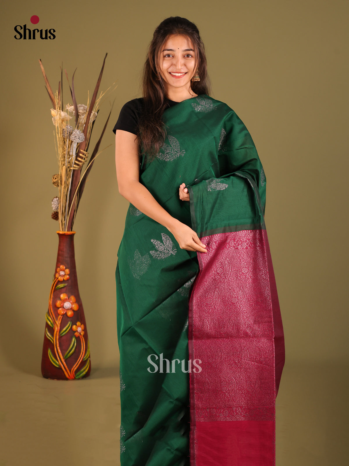 Green & Maroon - Semi Silkcotton Saree - Shop on Shrus.com