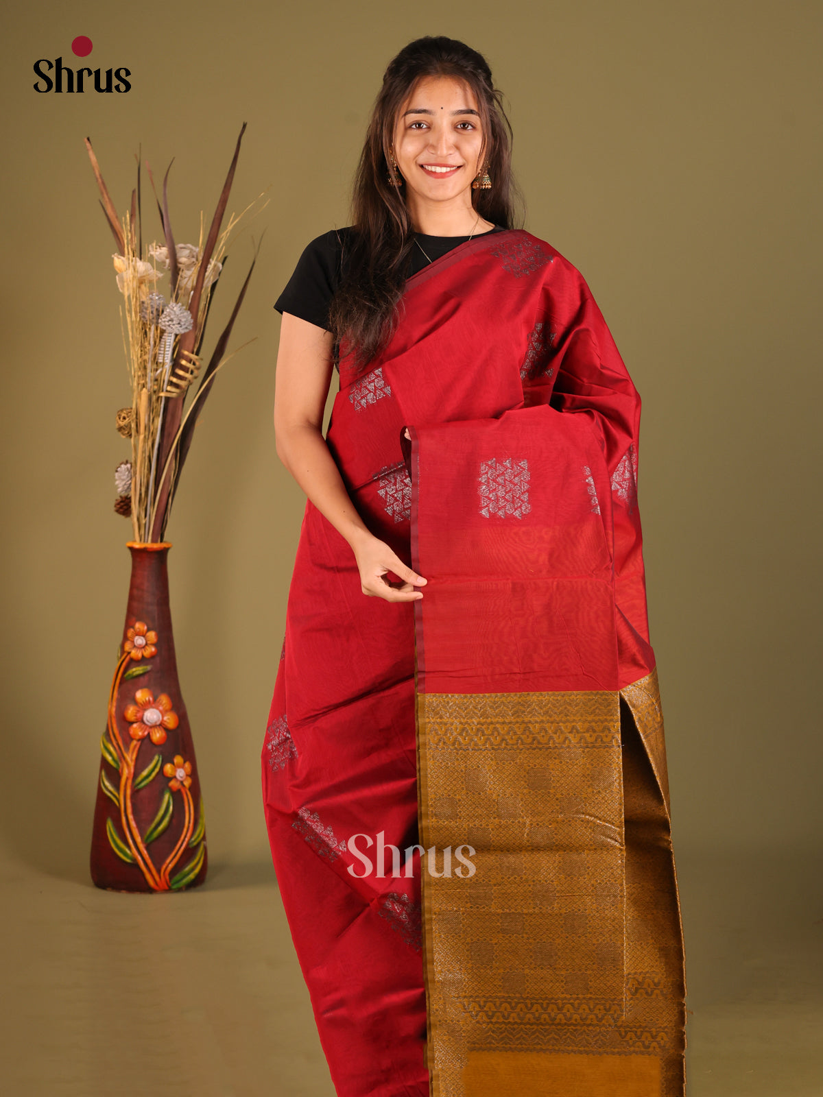 Maroon & Mustard- Semi Silkcotton Saree - Shop on Shrus.com