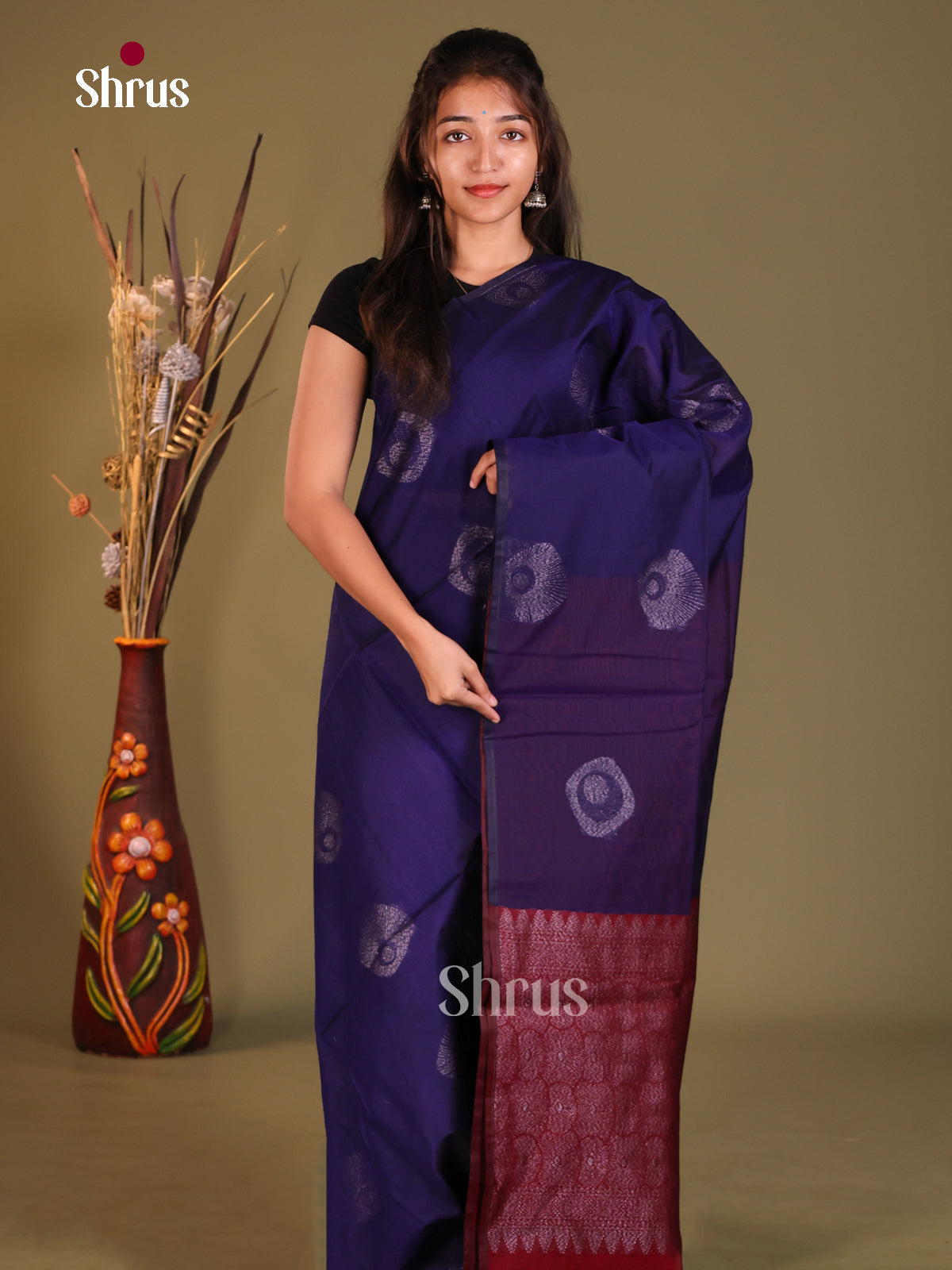 Blue & Maroon - Semi Silkcotton Saree