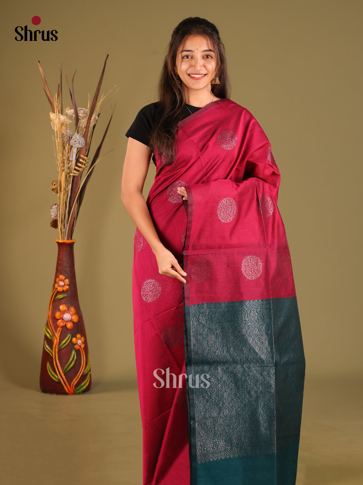 Maroon & Peacock Green - Semi Silkcotton Saree - Shop on Shrus.com