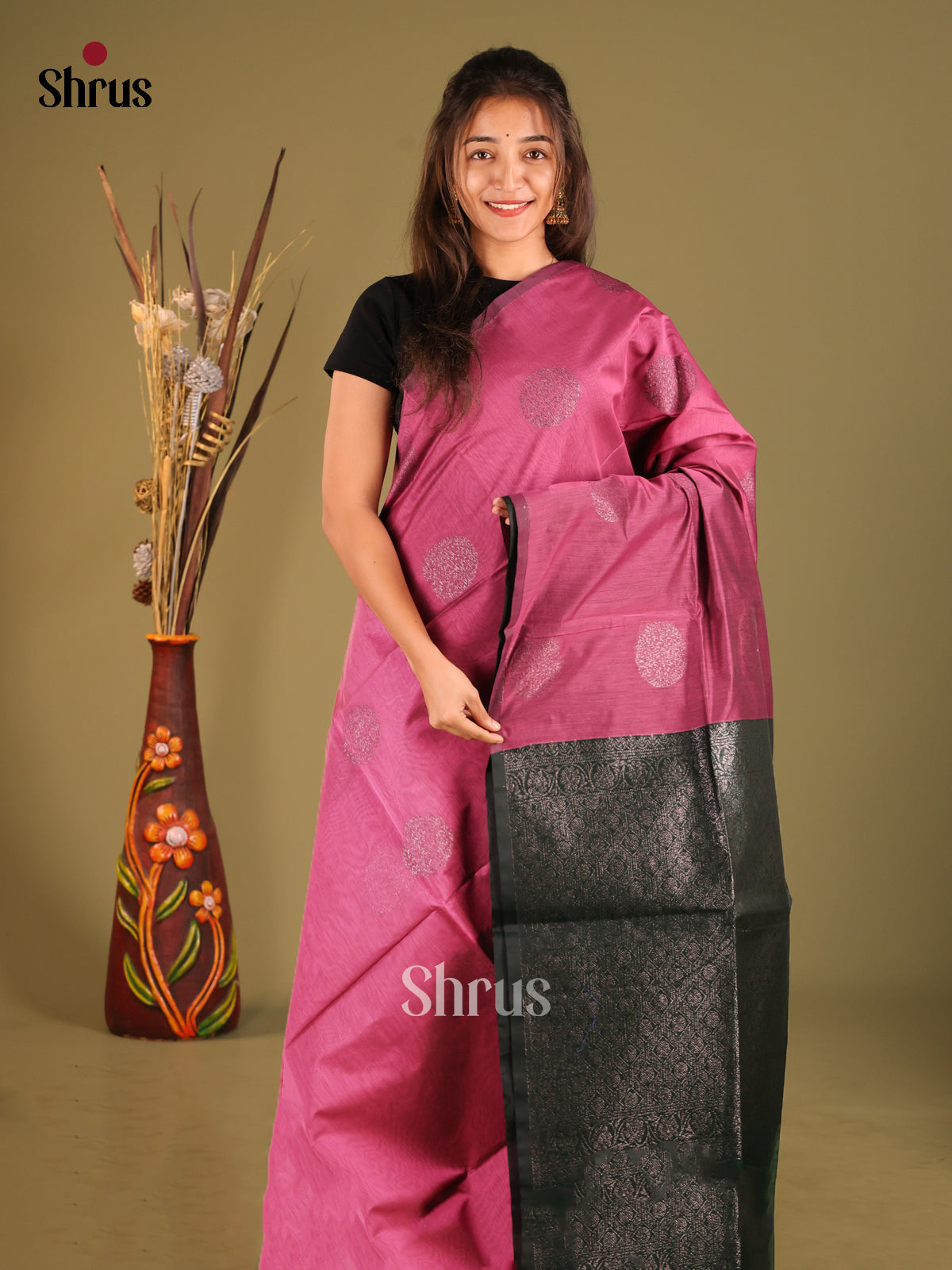Pink & Green- Semi Silkcotton Saree - Shop on Shrus.com