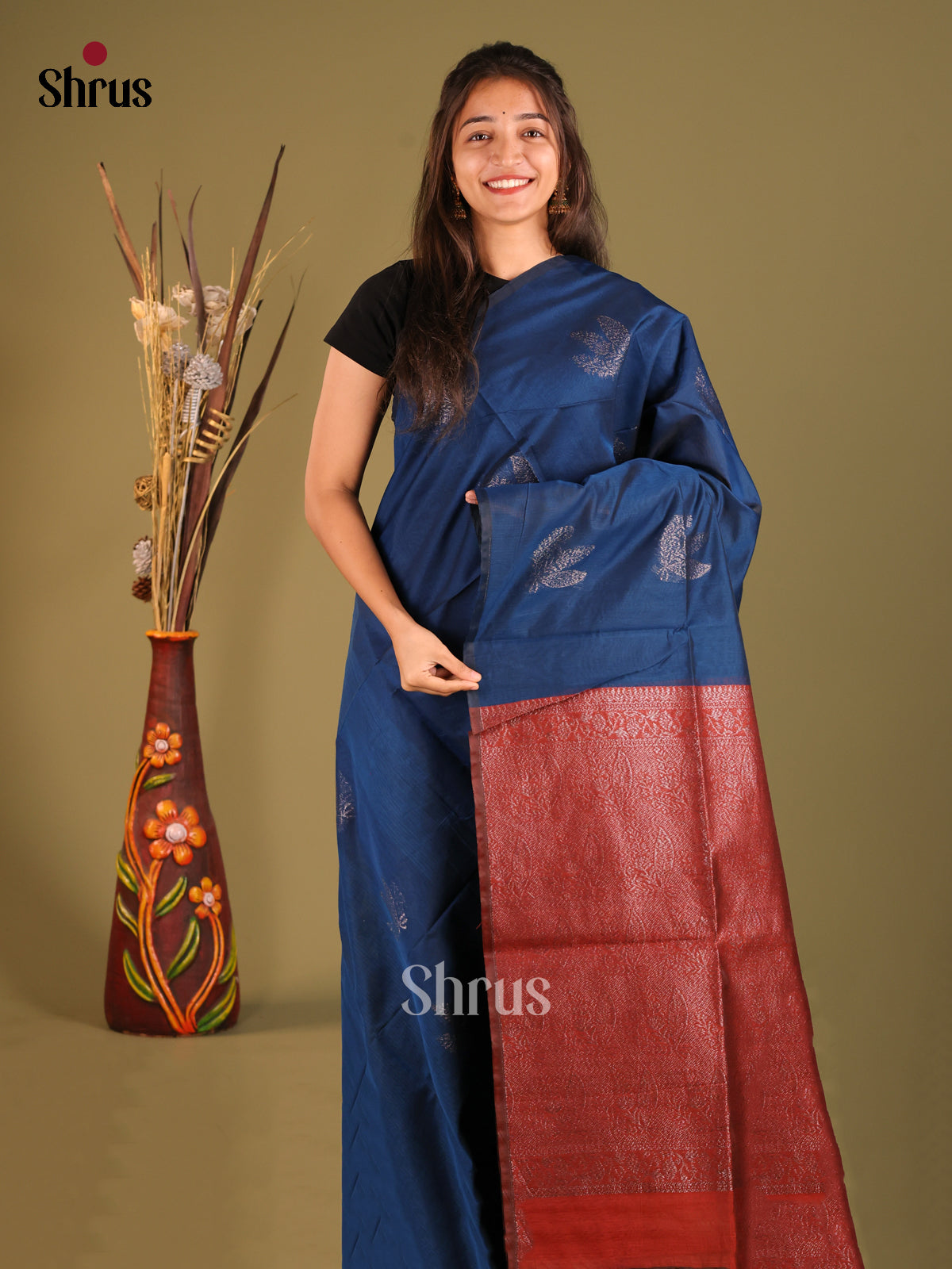 Blue & Maroon - Semi Silkcotton Saree