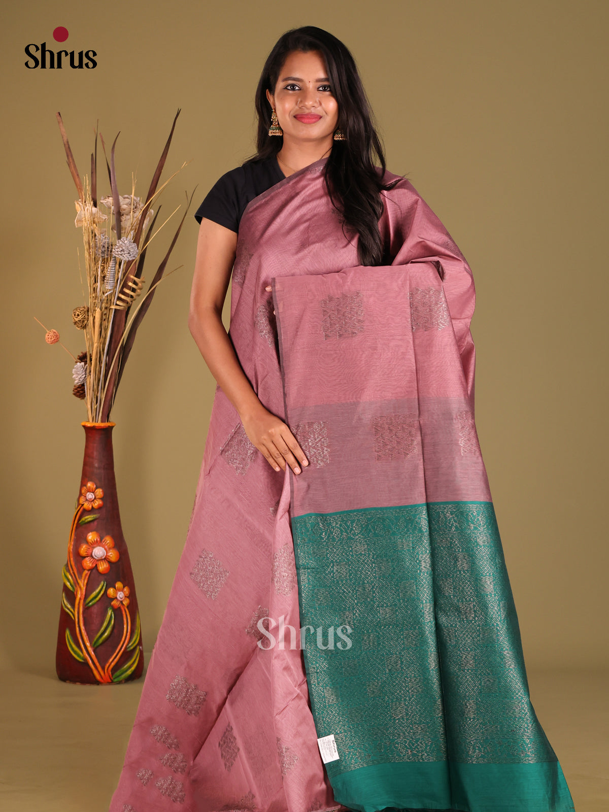Dusty Pink & Green - Semi Silkcotton Saree - Shop on Shrus.com