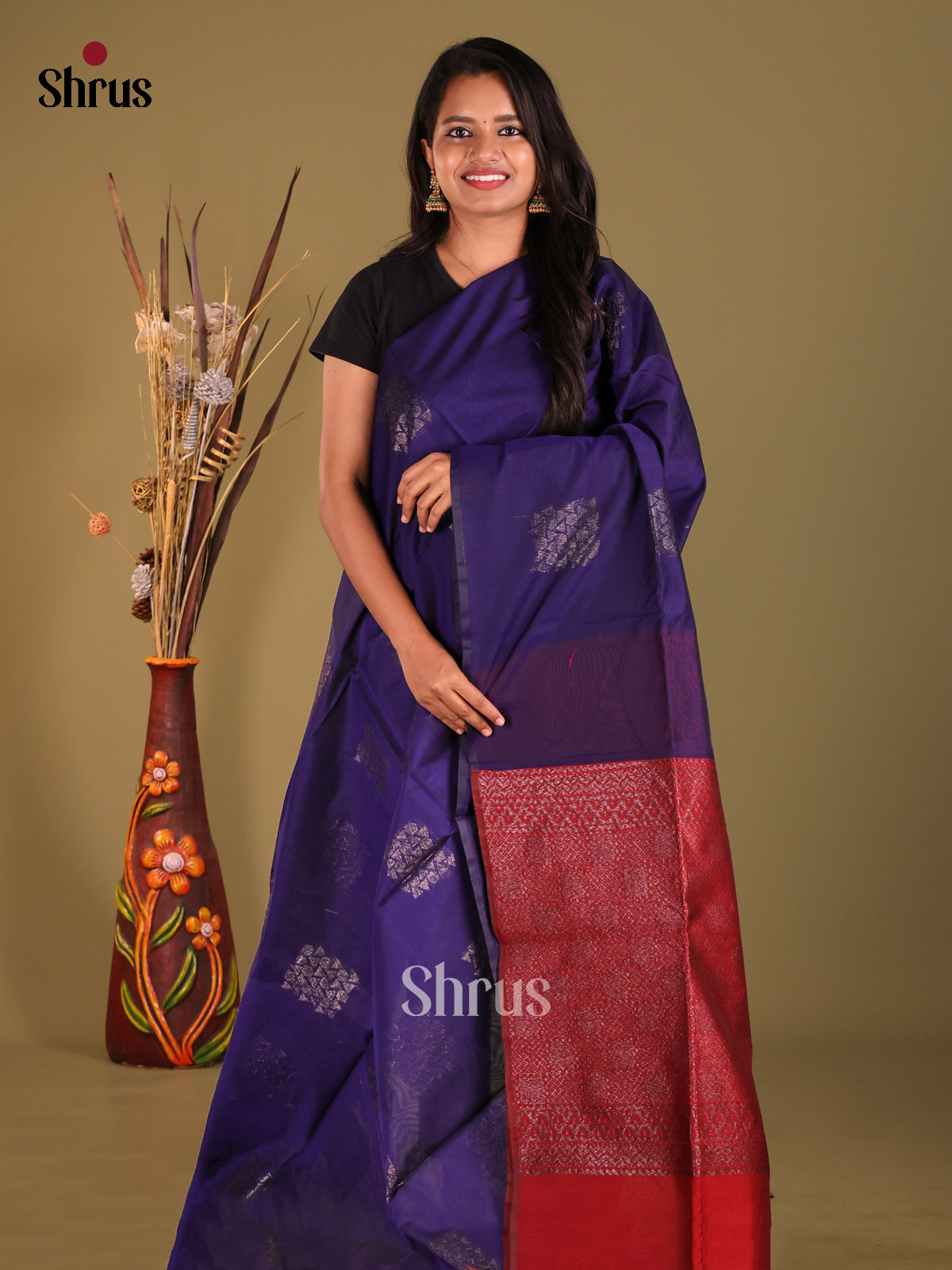 Blue & Red- Semi Silkcotton Saree