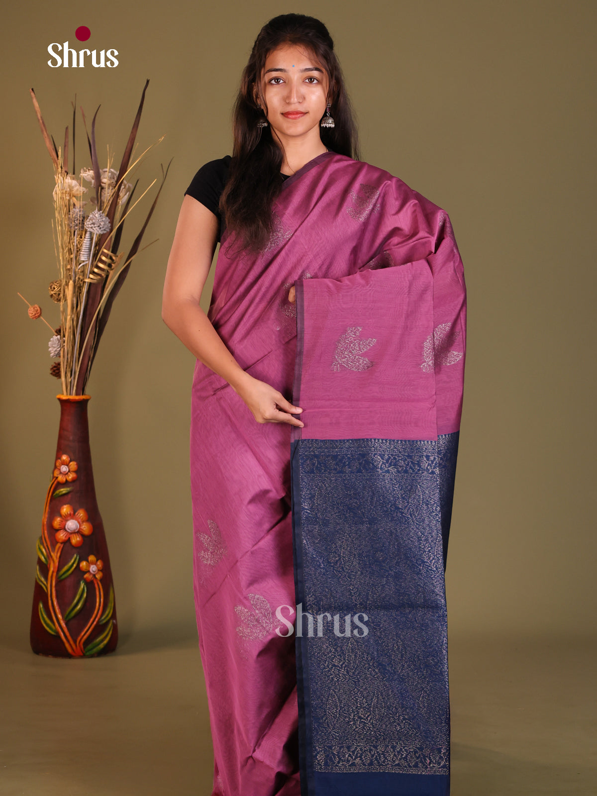 Pink & Blue - Semi Silkcotton Saree - Shop on Shrus.com