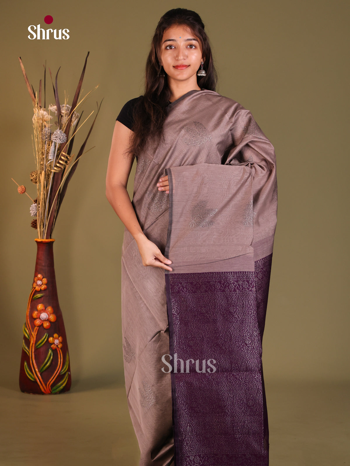 Grey & Violet - Semi Silkcotton Saree - Shop on Shrus.com