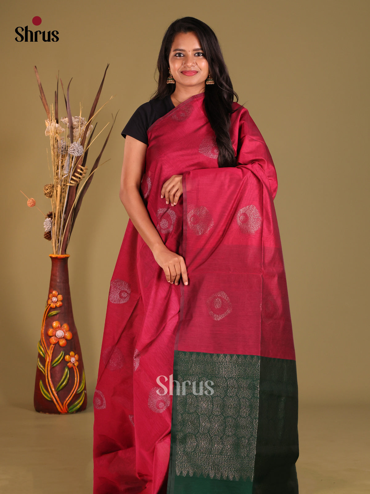 Red & Green - Semi Silkcotton Saree - Shop on Shrus.com
