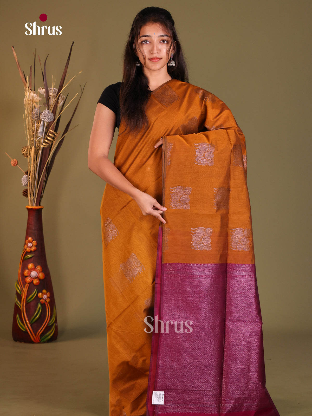 Orange & Purple- Semi Silkcotton Saree - Shop on Shrus.com