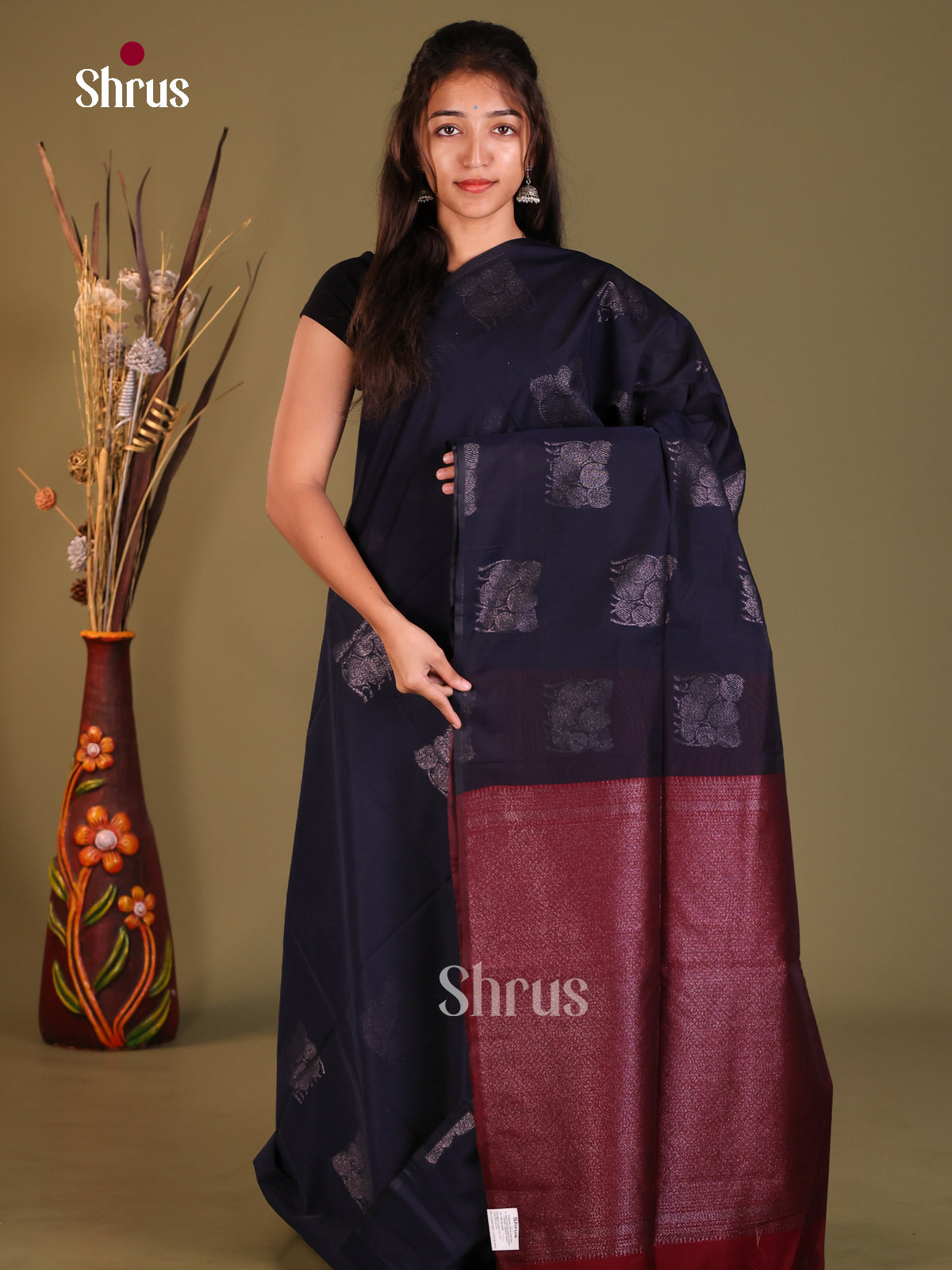 Blue & Maroon - Semi Silkcotton Saree