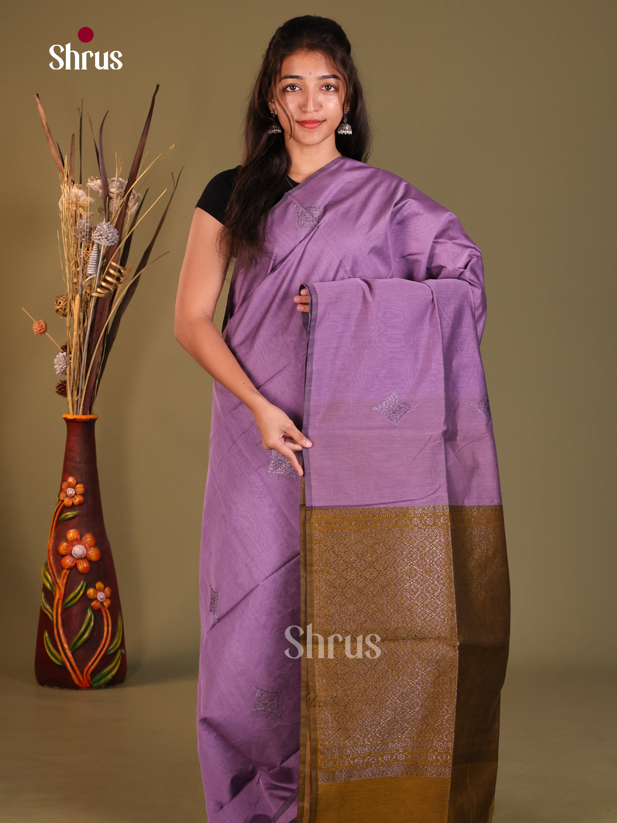 Lavender & Mehandi- Semi Silkcotton Saree - Shop on Shrus.com