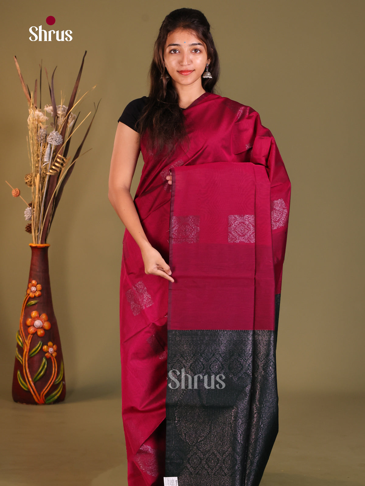Maroon & Green- Semi Silkcotton Saree - Shop on Shrus.com