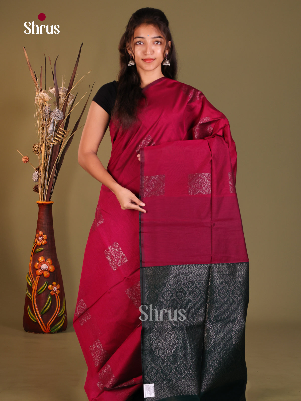 Maroon & Green - Semi Silkcotton Saree - Shop on Shrus.com