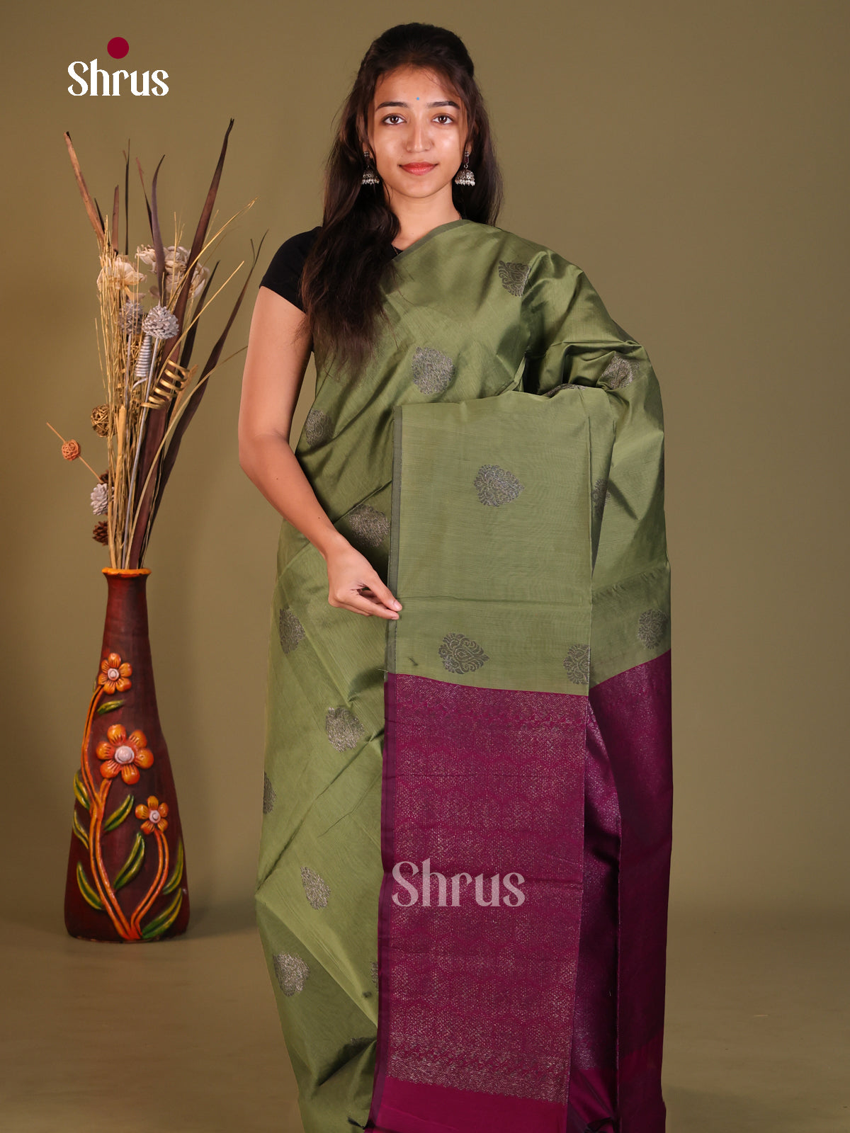Green & Purple- Semi Silkcotton Saree - Shop on Shrus.com