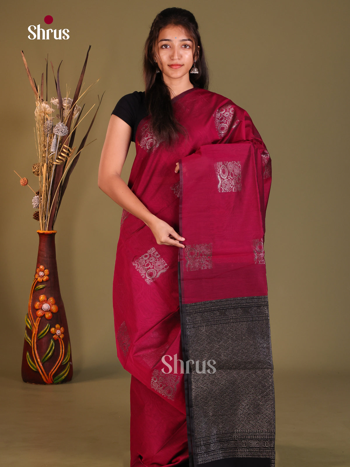 Maroon - Semi Silkcotton Saree - Shop on Shrus.com