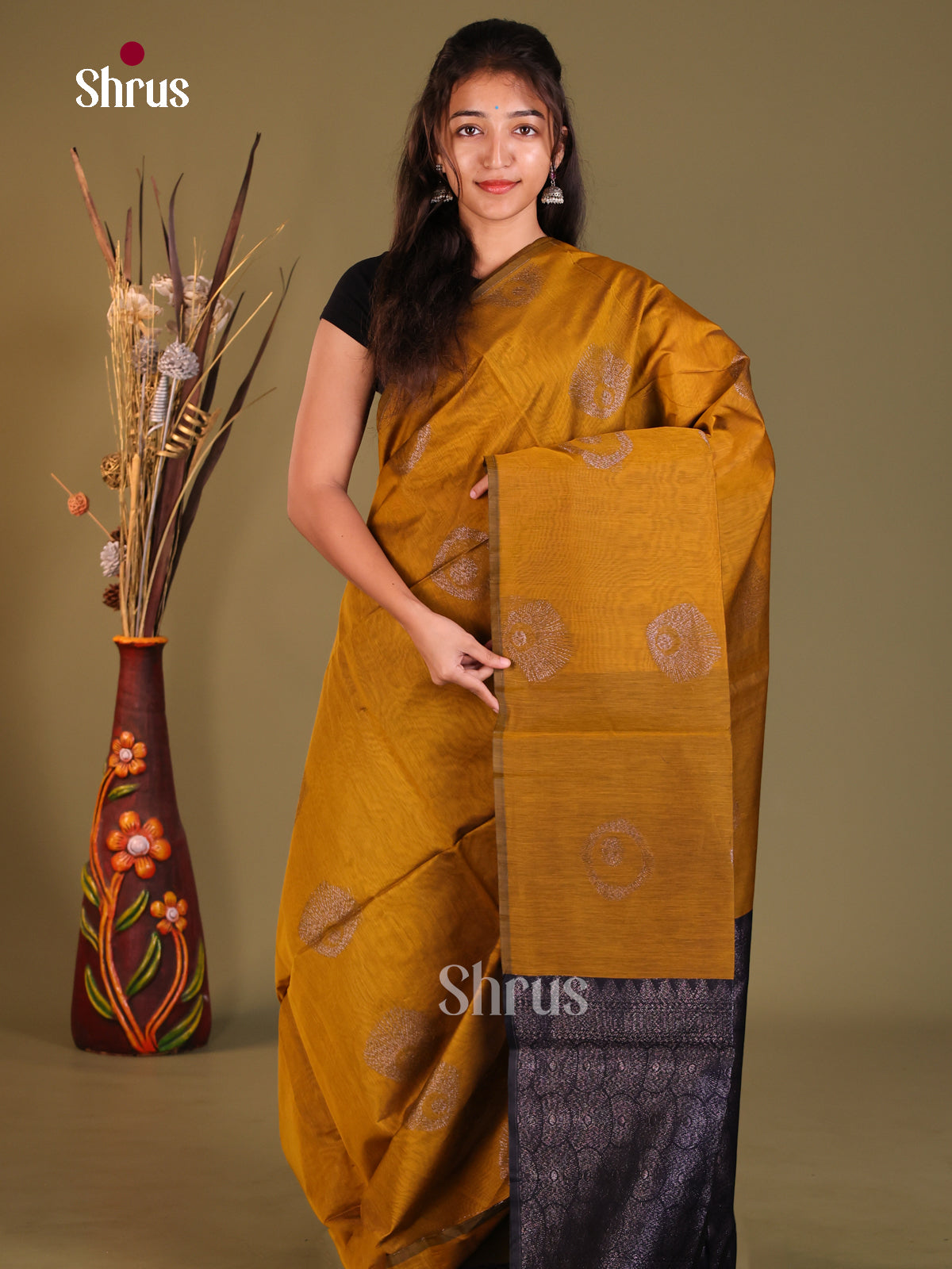 Mustard & Blue- Semi Silkcotton Saree - Shop on Shrus.com