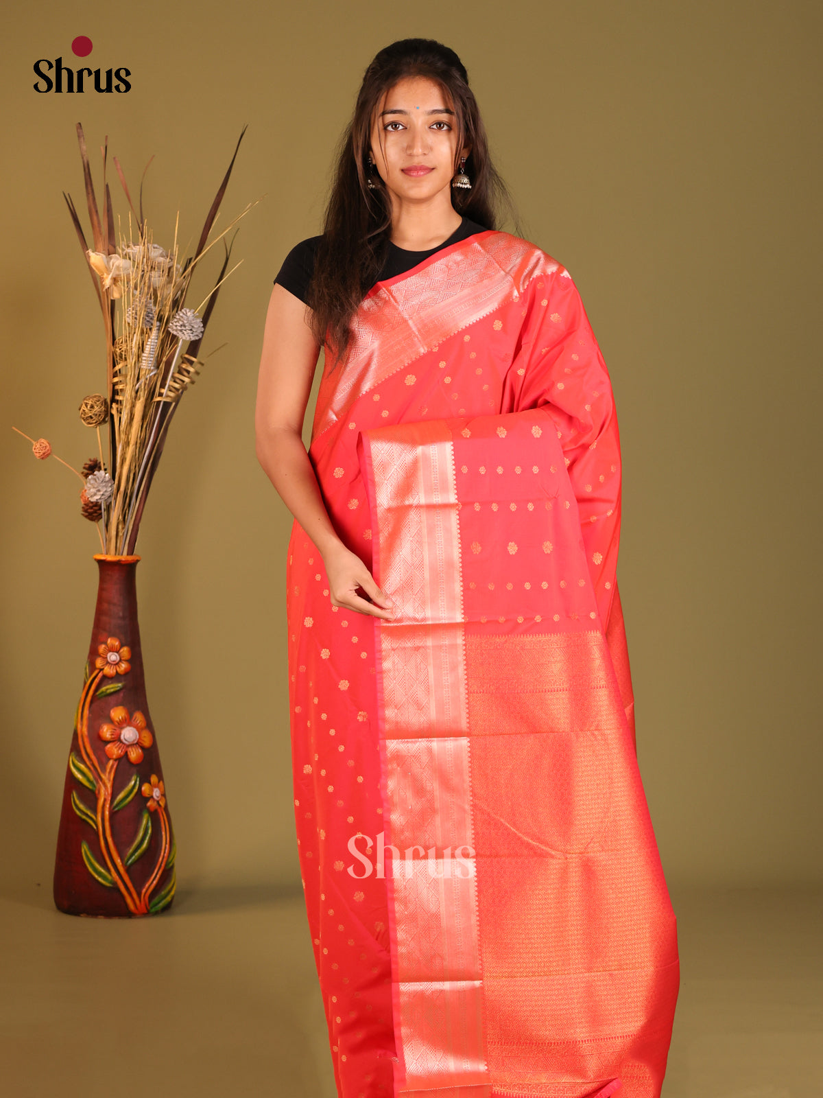 Orangish Pink(Single Tone) - Semi Kanchipuram Saree