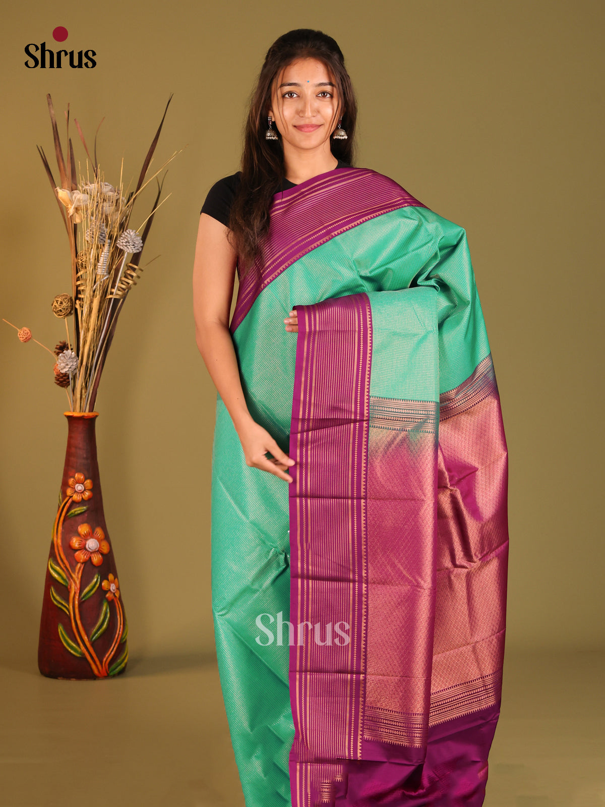 Green & purple - Semi Kanchipuram Saree - Shop on Shrus.com