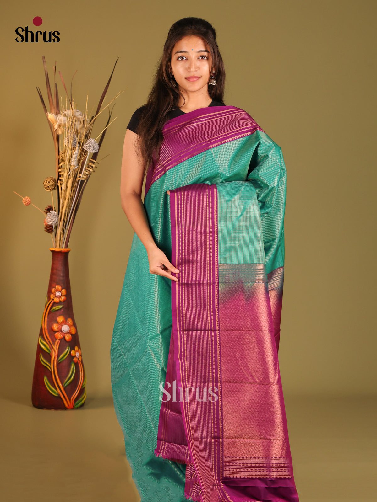 Green & Purple- Semi Kanchipuram Saree - Shop on Shrus.com