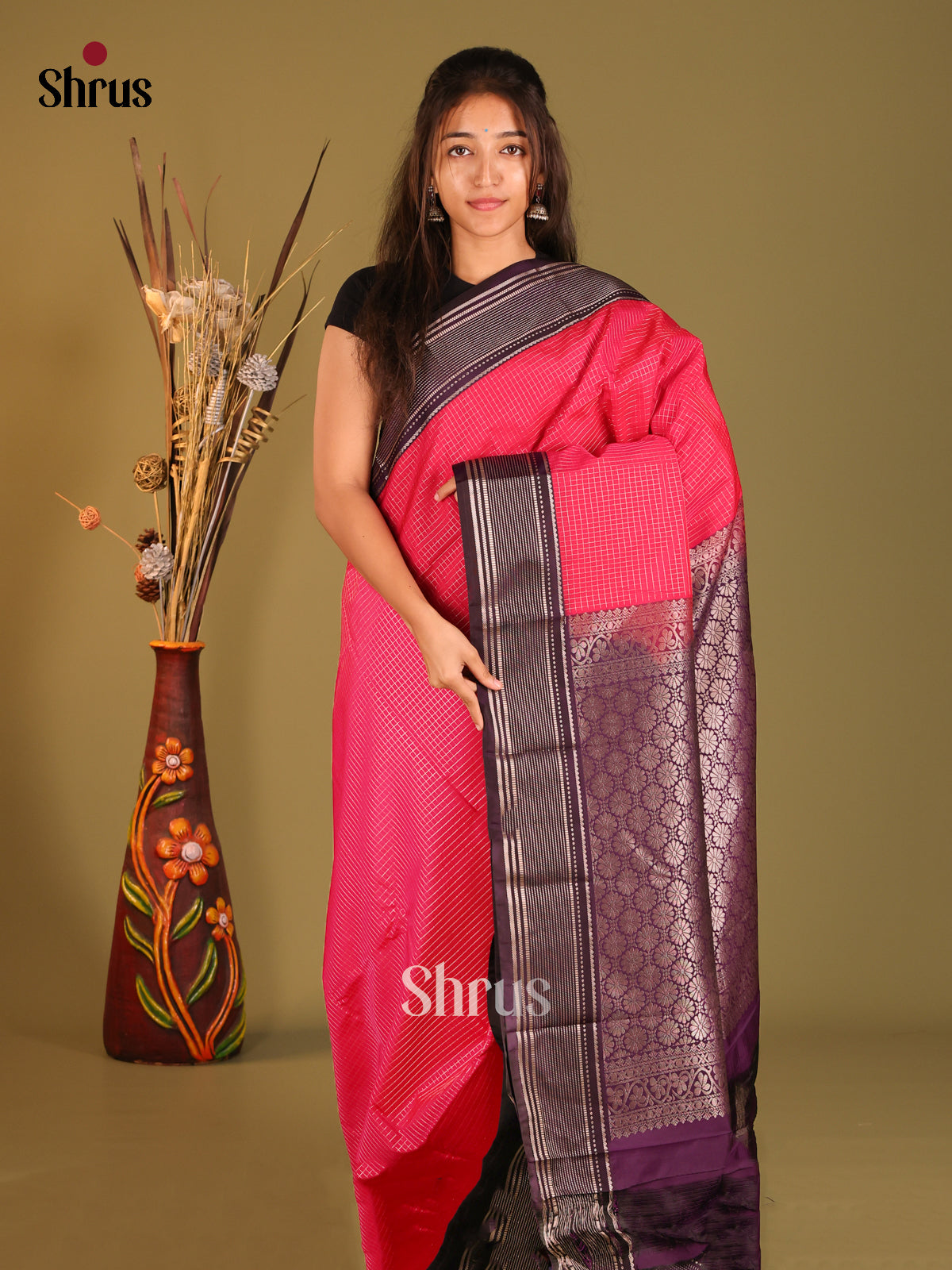 Pink & Violet- Semi Kanchipuram Saree - Shop on Shrus.com