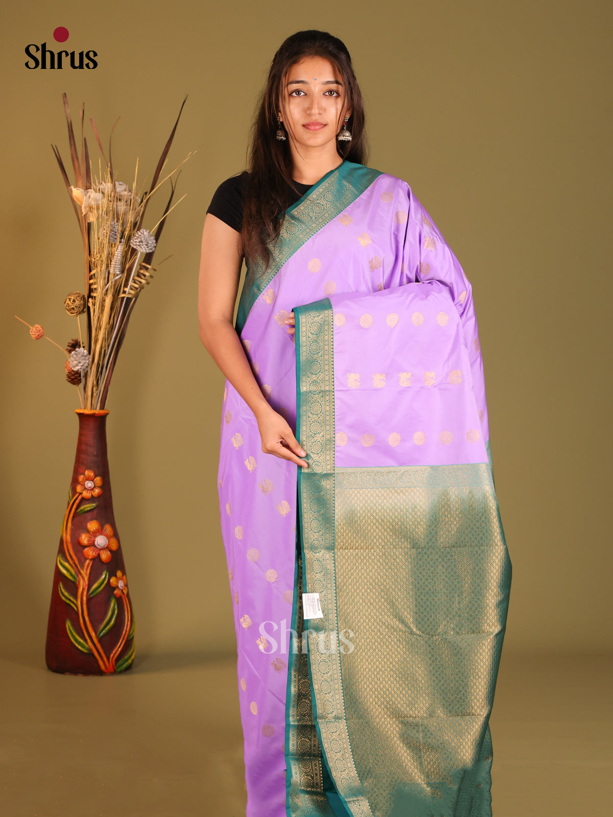 Lavender & Green - Semi Kanchipuram Saree - Shop on Shrus.com