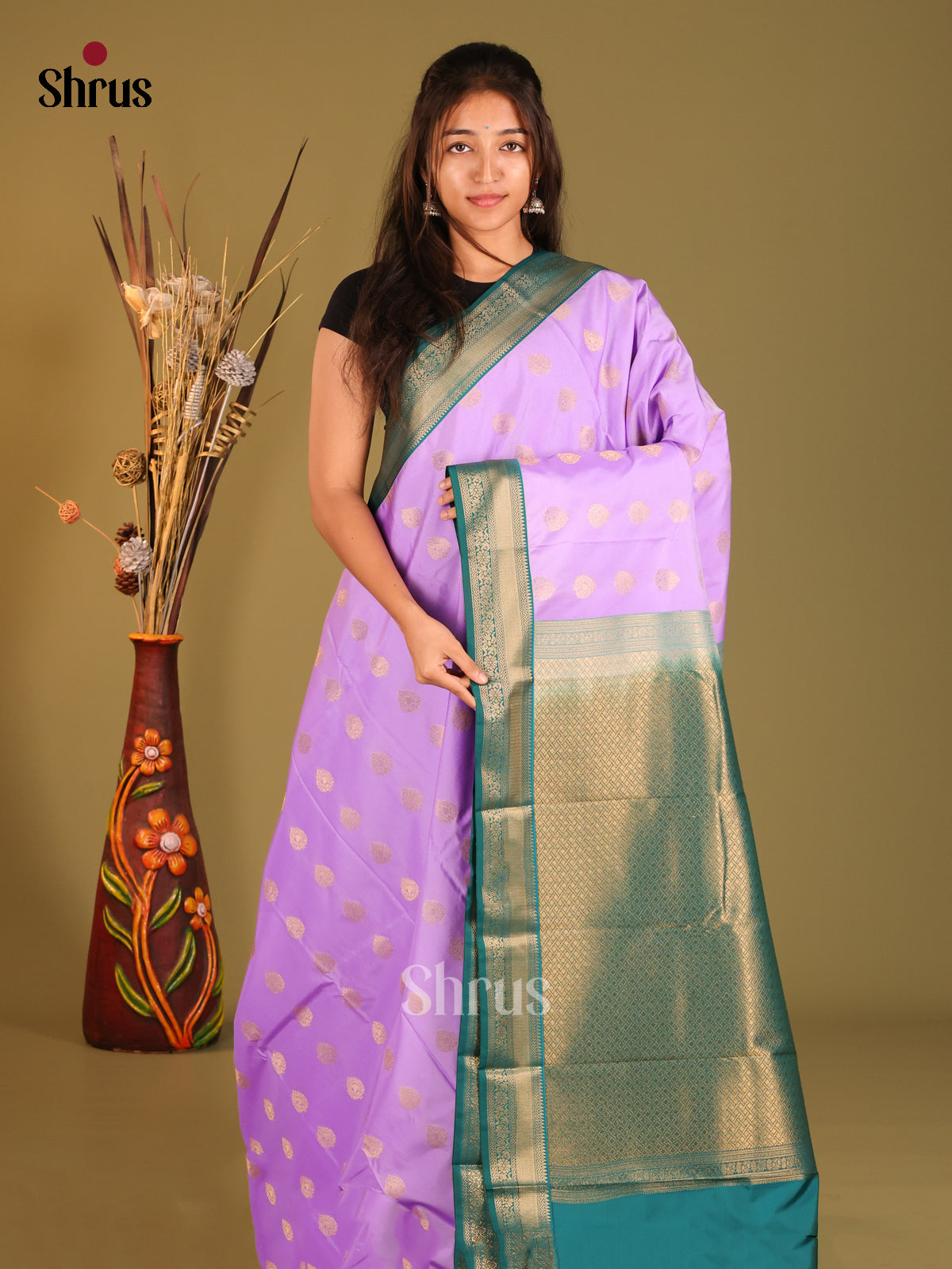 Lavender & Green - Semi Kanchipuram Saree - Shop on Shrus.com
