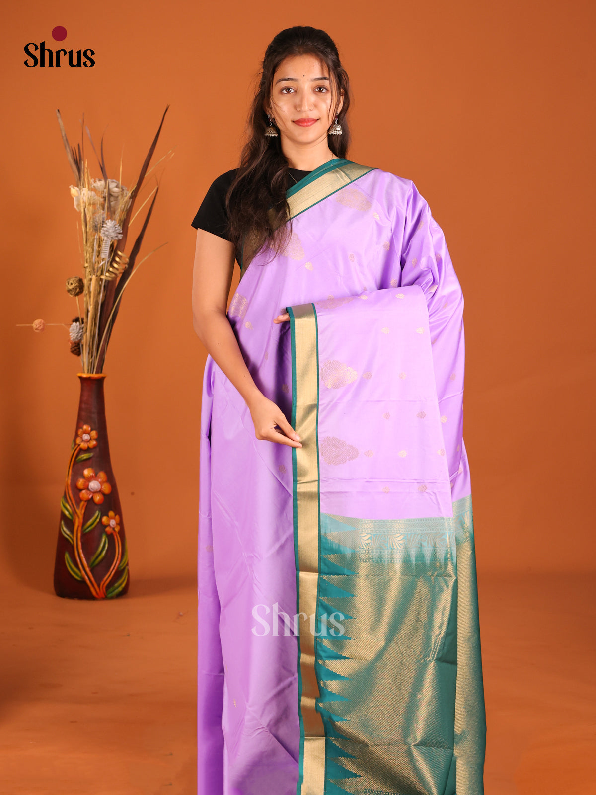 Lavender & Green- Semi Kanchipuram Saree - Shop on Shrus.com