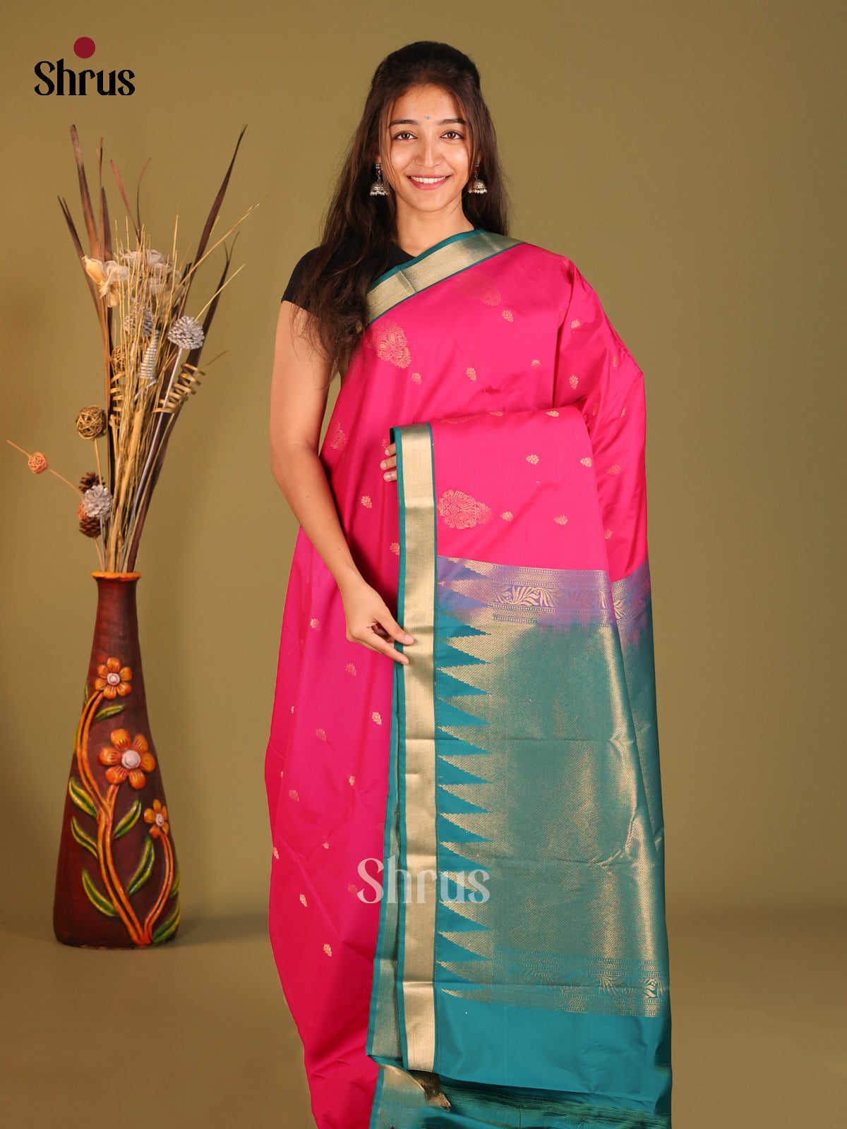Pink & Blue- Semi Kanchipuram Saree - Shop on Shrus.com