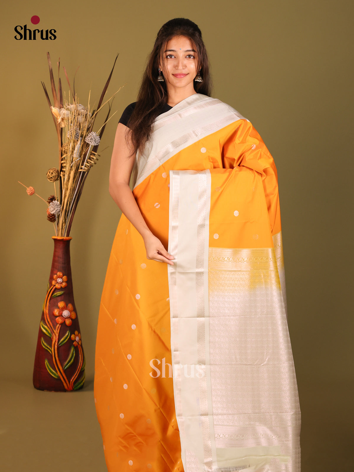 Mambazha Yellow & Cream- Semi Kanchipuram Saree - Shop on Shrus.com