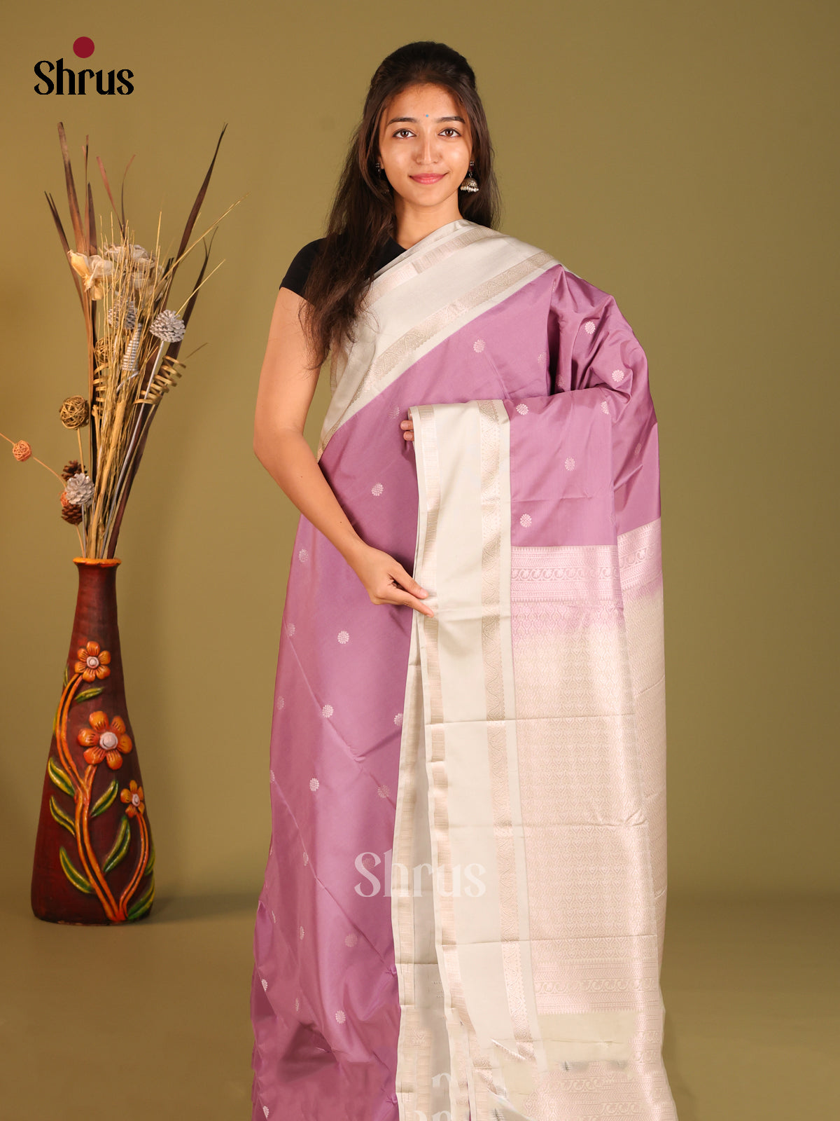 Lavender & Cream - Semi Kanchipuram Saree - Shop on Shrus.com