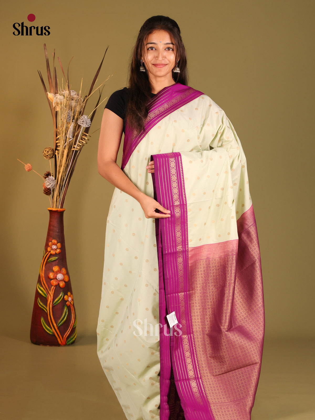 Mild Green & Purple- Semi Kanchipuram Saree - Shop on Shrus.com